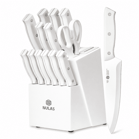 NULAS Knife Set, 14 Piece Kitchen Knife Set with Block Self Sharpening, Stainless Steel Dishwasher Safe, Anti-slip Handle, White