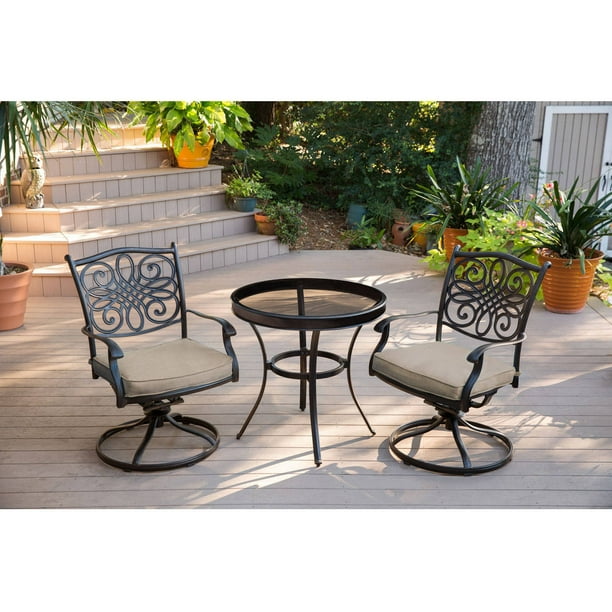 Hanover Outdoor Traditions 3Piece GlassTop Bistro Set with Swivel