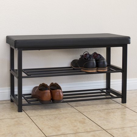 Entryway Mirror With Storage Best Choice Products 2-Tier 220lb Capacity Steel Metal Storage Bench Shoe Storage Organization Rack for Home, Entryway, Hallway, Bedroom w/ Leather Top - Black ()