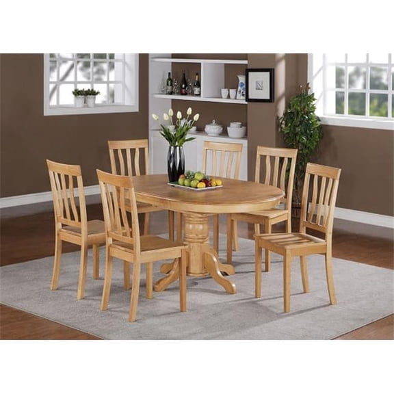 East West Furniture AVAT5-OAK-W 5PC Oval Dining Set with Single Pedestal featured 18 in. butterfly leaf and 4 wood seat chairs