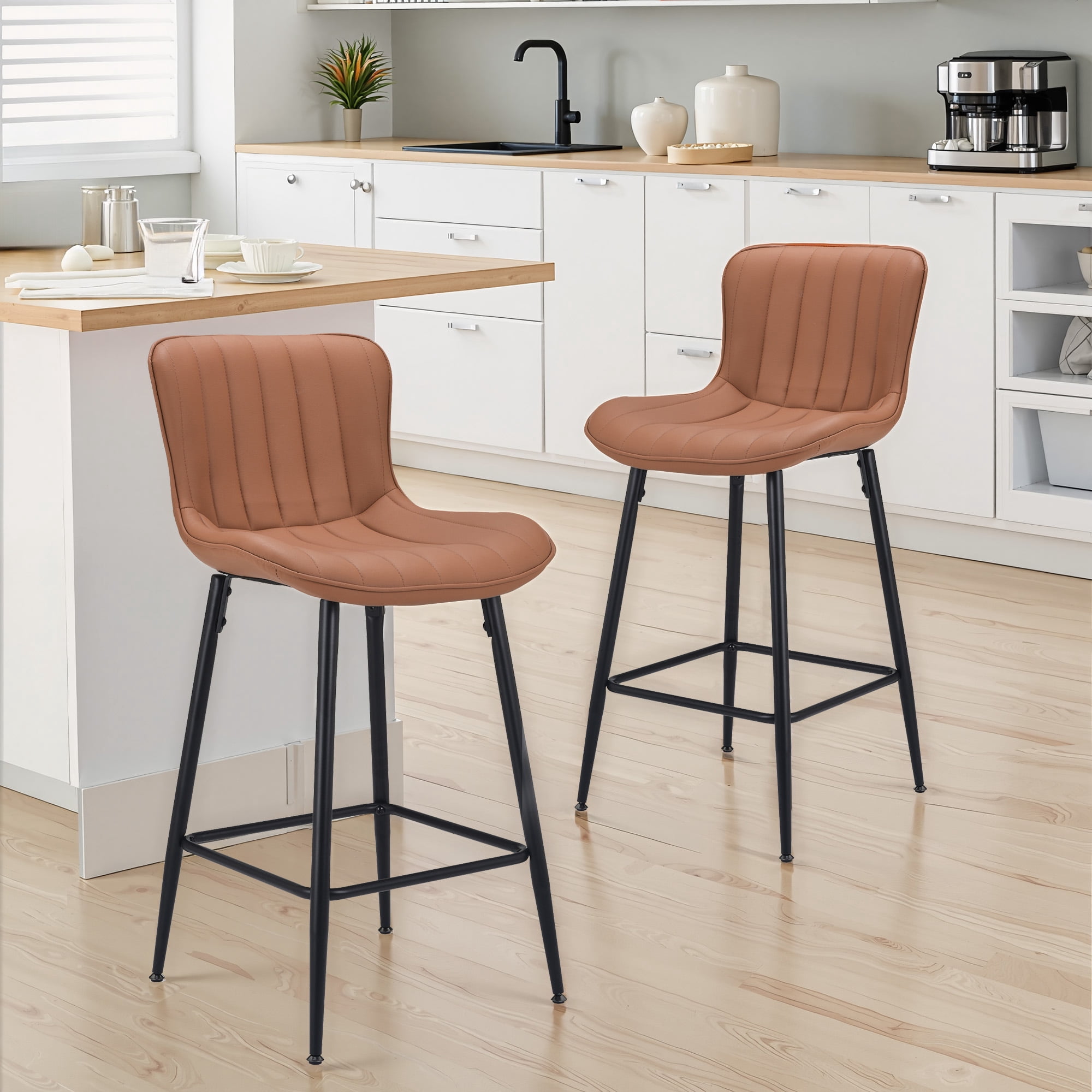 MAYEERTY Brown 2-Pack Faux Leather Counter Bar Stools, Modern Design for Kitchen Islands & Dining Rooms