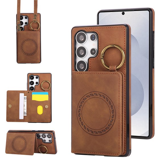 Allytechgroup Wallet Case for Samsung Galaxy S22 Ultra, Magnetic Cover with Crossbody Shoulder Strap & Ring Holder Kickstand Cards Slots Compatible with Car Mount Stylish Phone Case Shell, Brown