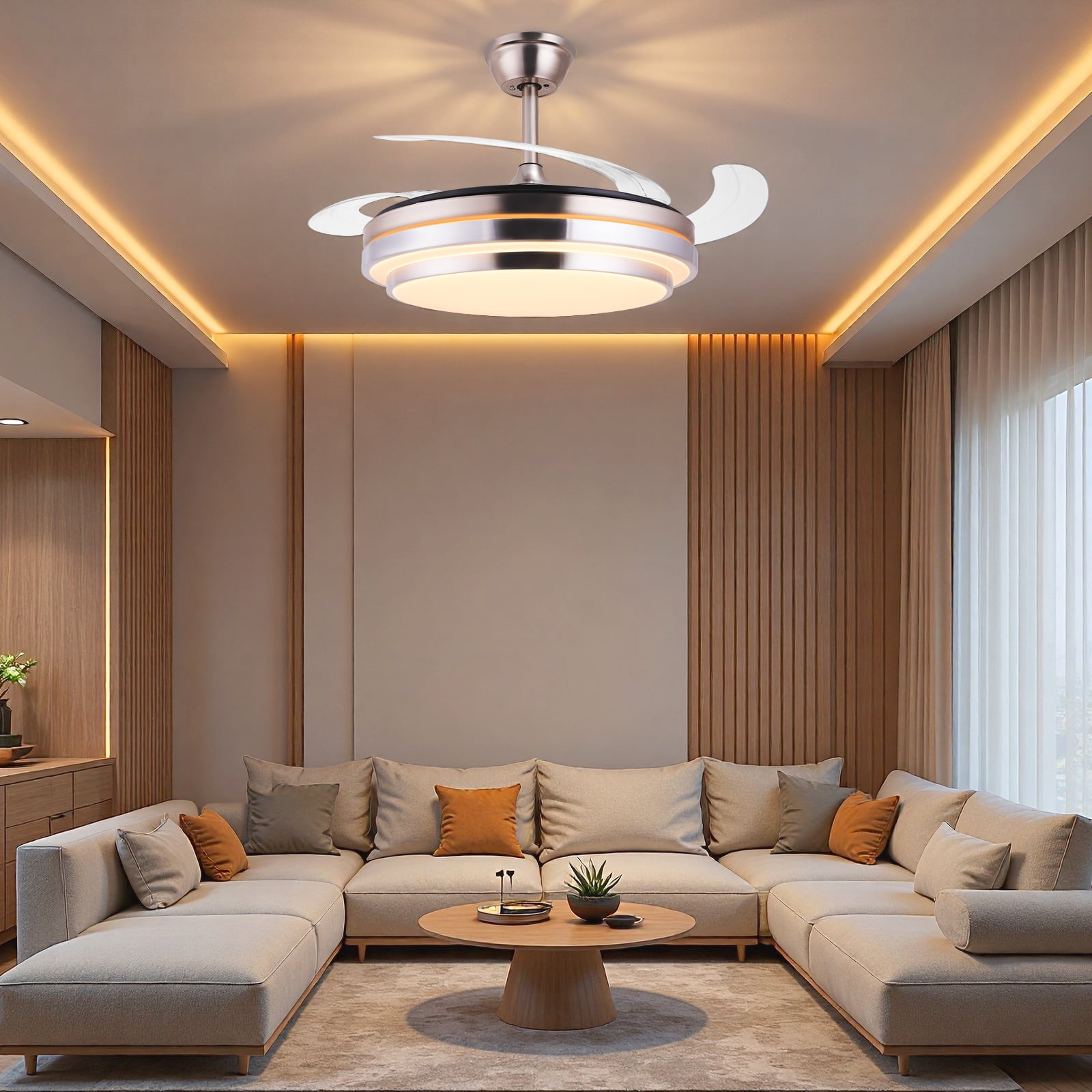 RJFKSNC 42" Smart Retractable Ceiling Fan with Light and Remote, Dimmable LED Fandelier, 6-Speed Reversible DC Motor, Brushed Nickel