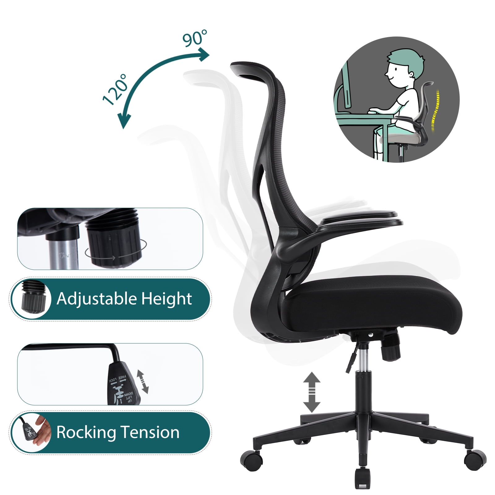 wOod-it Executive High Back Ergonomics Computer Office Chair,Adjustable Height,Rocking Tension and Flip-Up Armrest,Mesh Thick Seat Cushion Swivel Office Chair