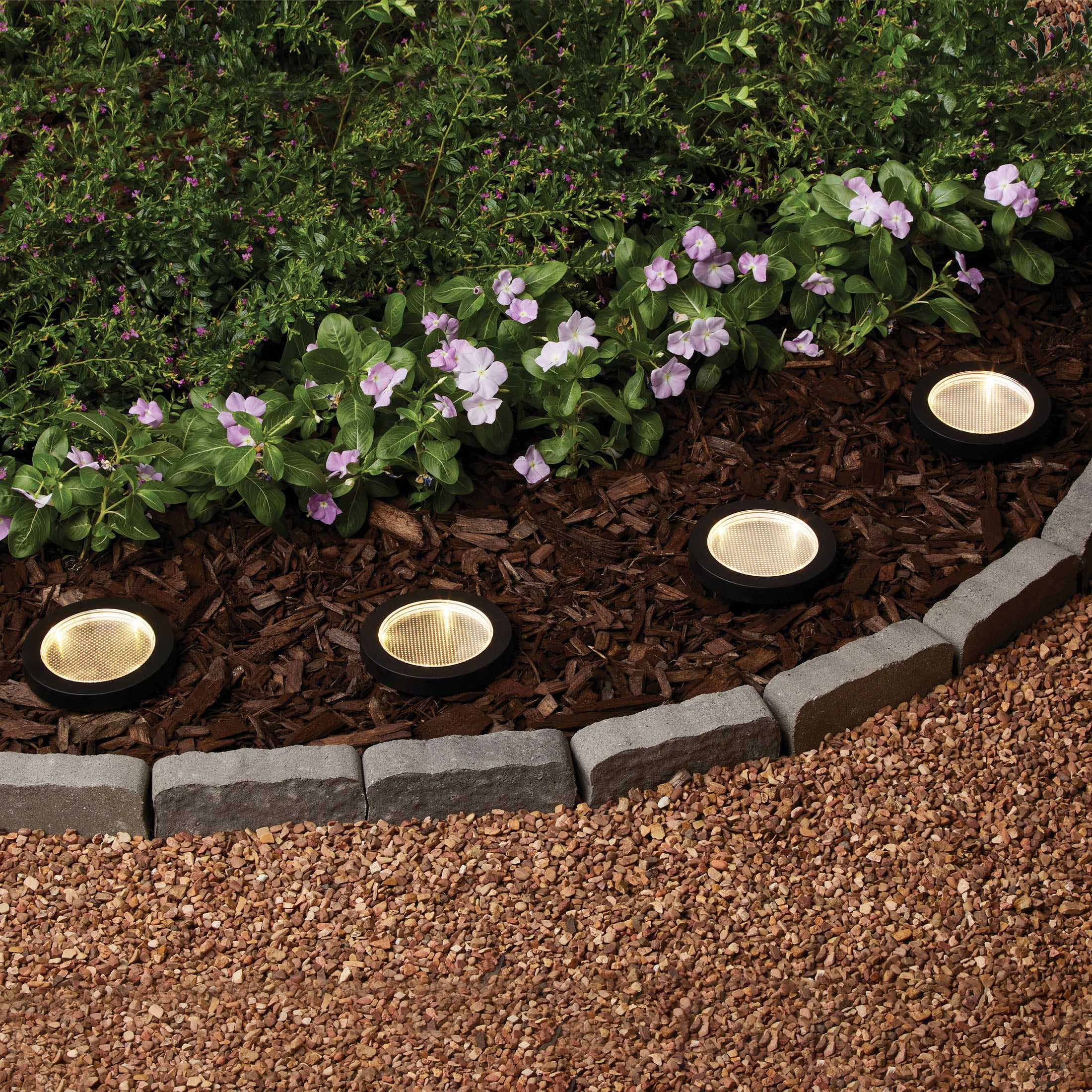 Mainstays Solar Powered Black Landscape Disc Lights with Color Holding LED, 20 Lumens (4 Count)
