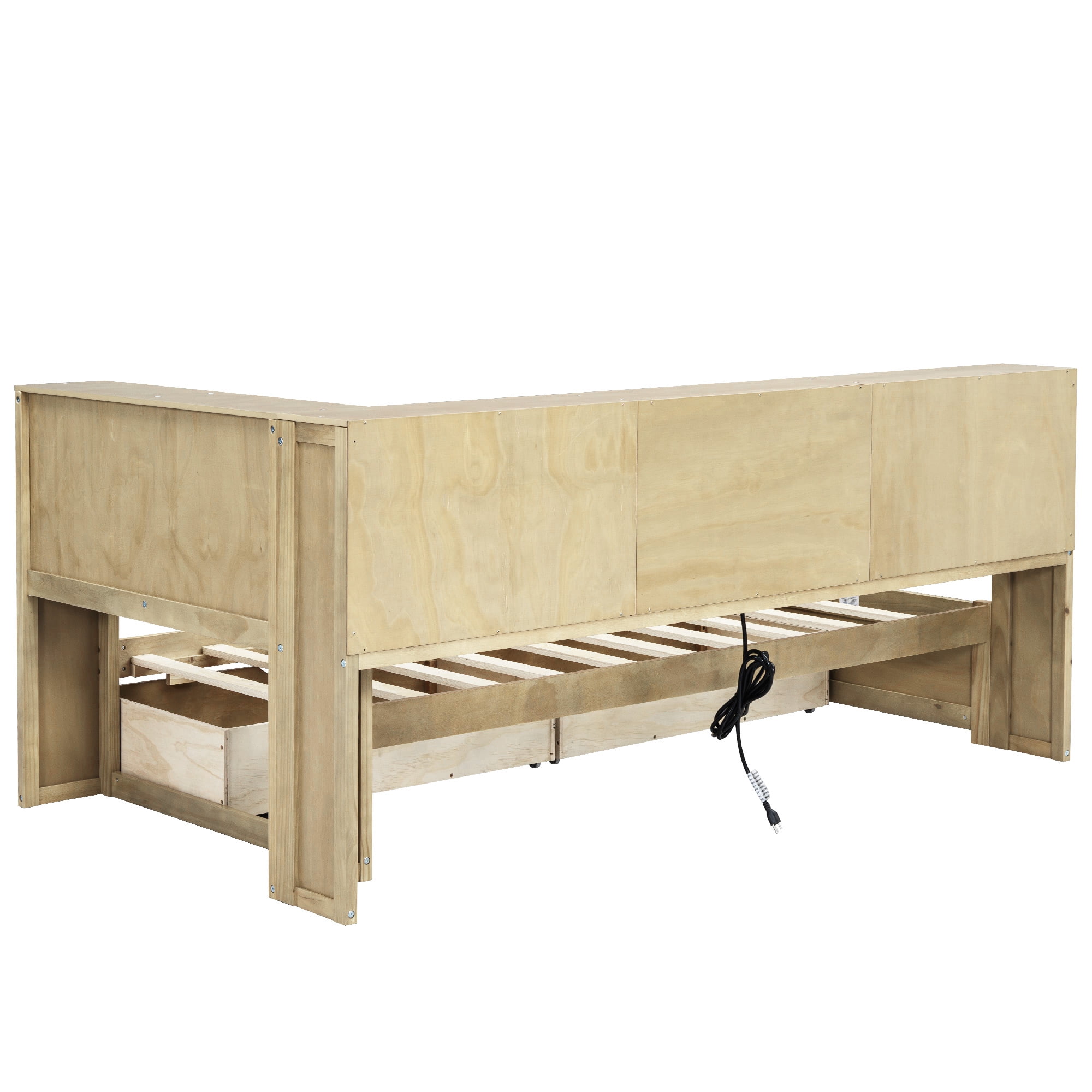 Alvantor Twin Size Daybed with Bookcase and USB Ports, Corner Bed Frame With Storage Drawers & Cabinets, Natural Wood
