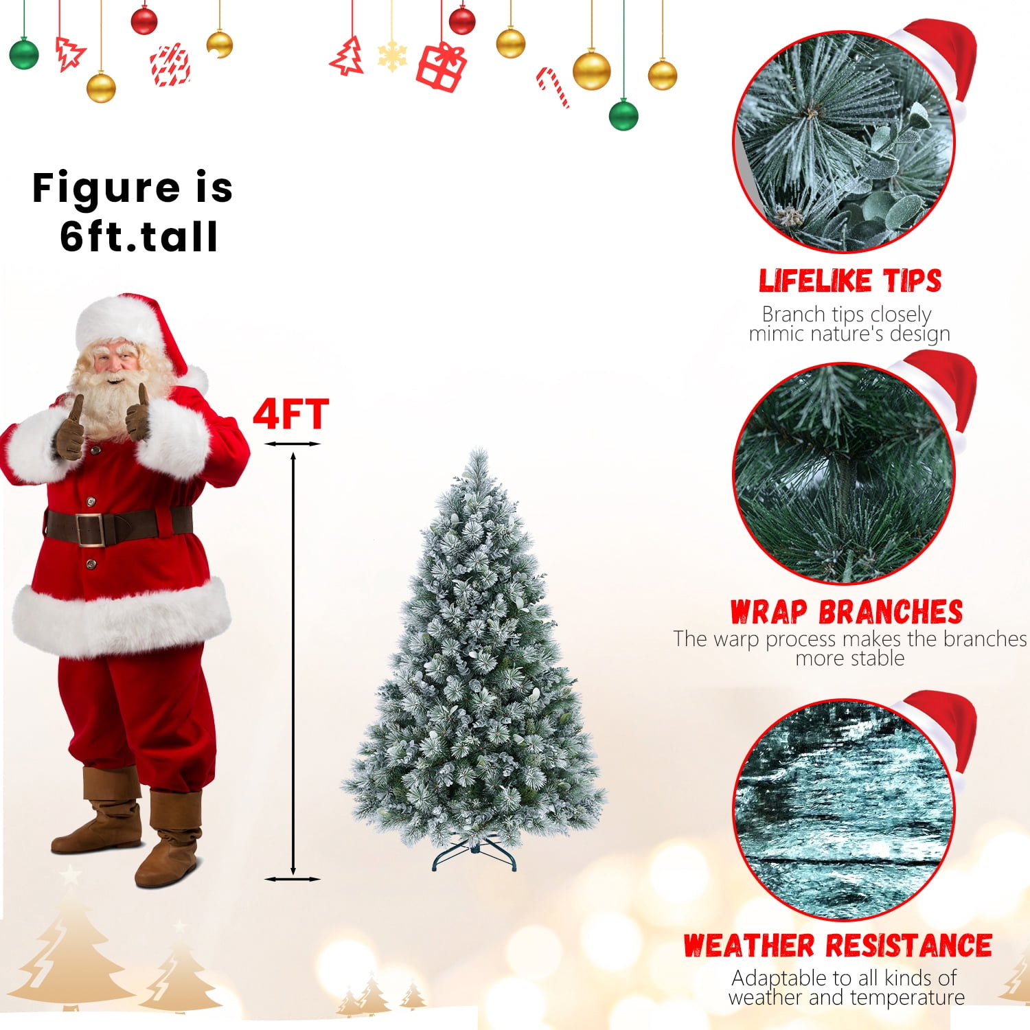 4ft Flocked Christmas Tree with Eucalyptus Leaves 404 Tips Hinged Branches Metal Stand Indoor Decor