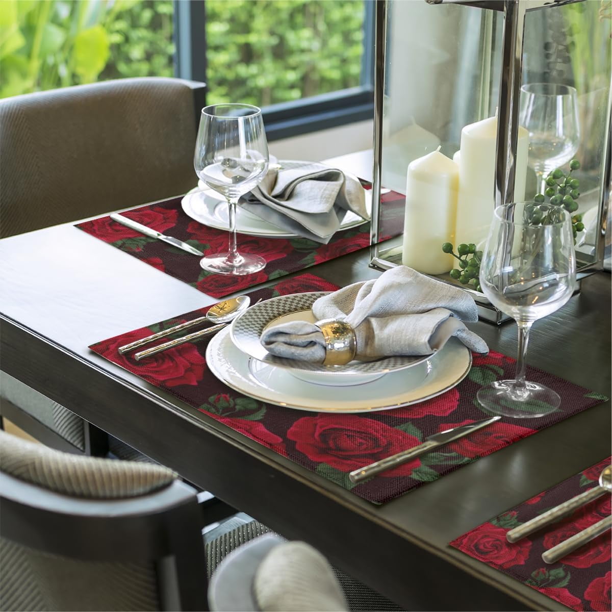 Placemats Set of 6 Valentine''s Day Romance Roses Fabric Placemats Square Placemat for Kitchen Table Heat Resistant, Easy to Clean Table Placemats 12x18 Inch