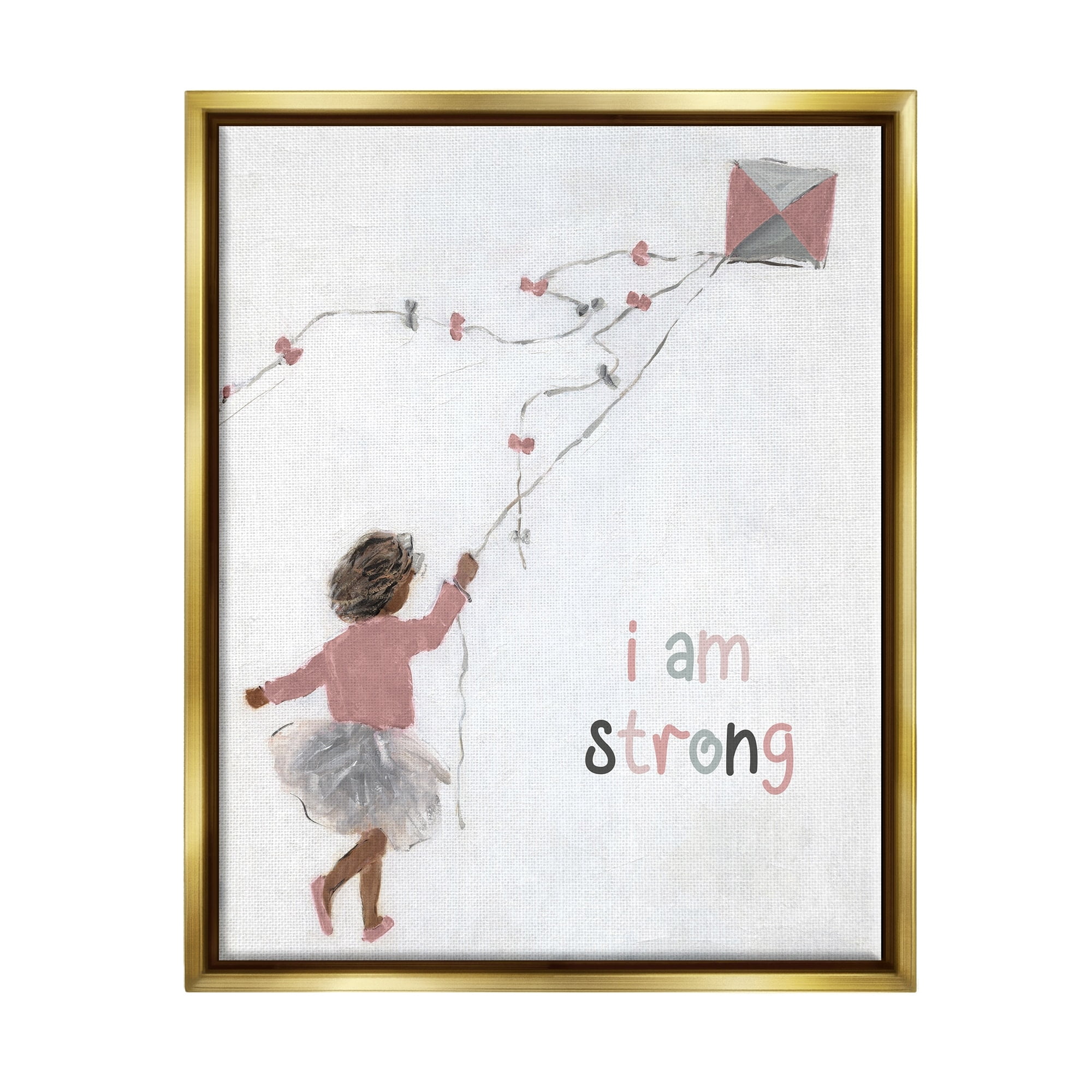 Stupell Industries I Am Strong Motivating Kids Kite Flying Painting Graphic Art Metallic Gold Floating Framed Canvas Print Wall Art, Design by Sally Swatland