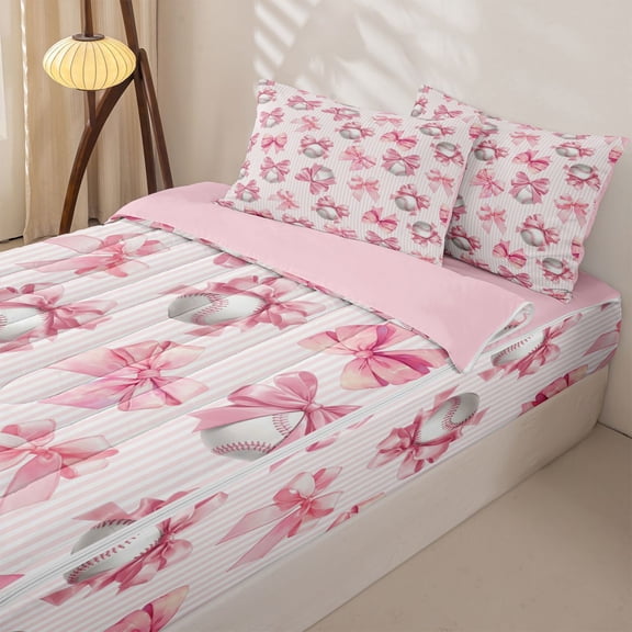 Homewish Princess Bow Baseball Girls Zipper Twin Comforter Sets with Fitted Sheet and 2 Pillowcases, Pink Stripe Zipper Bedding Set for Women, Pink Reversible, 4 Pieces