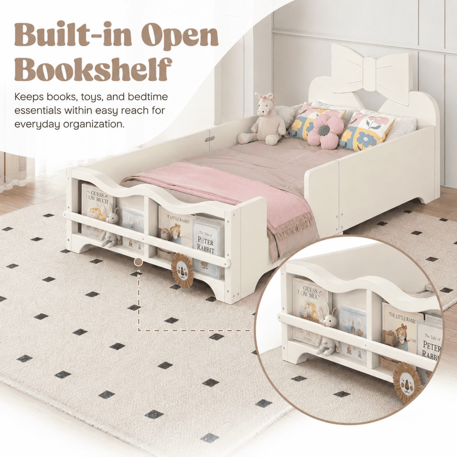 Miniyam Kids Twin Montessori Floor Bed with Guardrails and Built-In Bookshelf, Bowknot Headboard, White