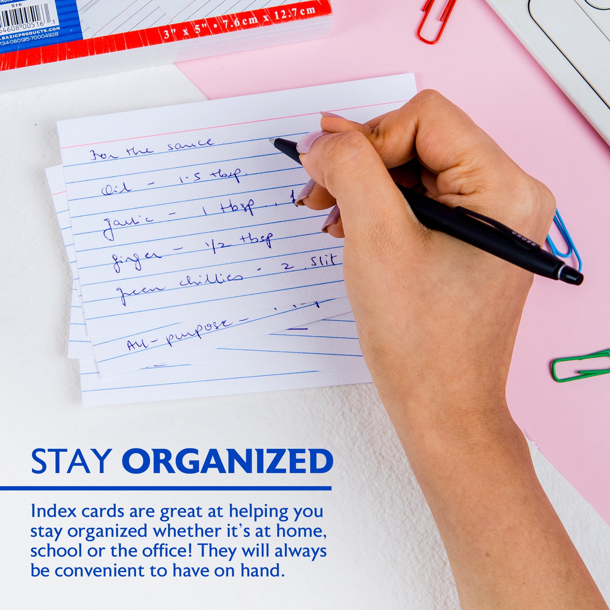 BAZIC Ruled Index Cards 3" X 5" 400 Count, White Flashcards (100/Pack), 4-Packs