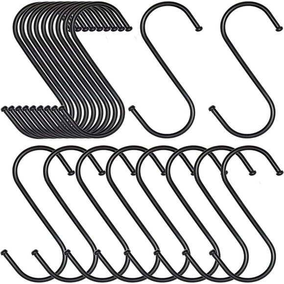 Small S-Hooks (20 Pieces), Multi-Function Metal Hooks for Kitchen Bathroom Bedroom Office Garden (Black) (Small)
