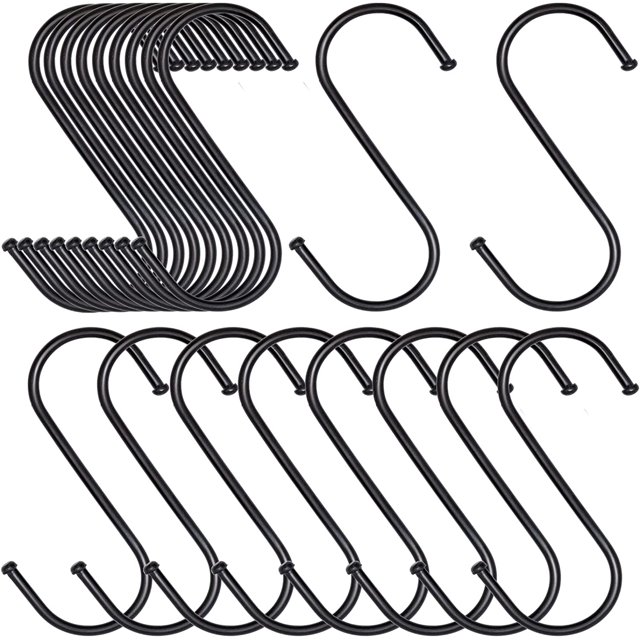 Small S-Hooks (20 Pieces), Multi-Function Metal Hooks for Kitchen Bathroom Bedroom Office Garden (Black) (Small)