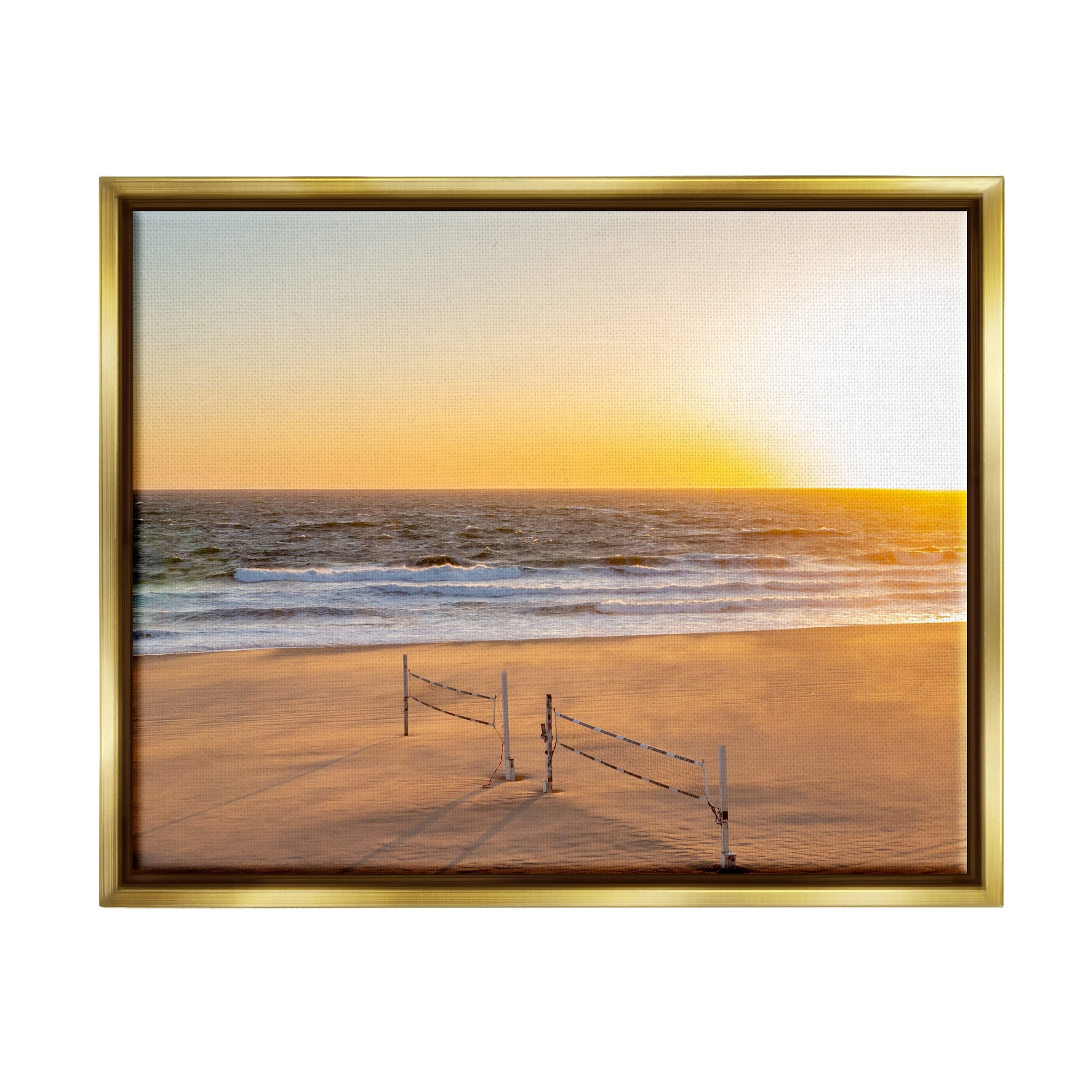 Stupell Industries Radiant Sunset Beach Volleyball Nets Ocean Shoreline Photograph Metallic Gold Floating Framed Canvas Print Wall Art, Design by Jeff Poe Photography