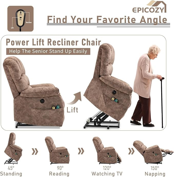 EPICOZY Large Power Lift Recliner Chair for Elderly Big Tall Man, Overstuffed Heated Massage Wide Electric Recliners with Extended Footrest, 2 Remote Controls, Side Packets & USB Ports, Fabric Brown