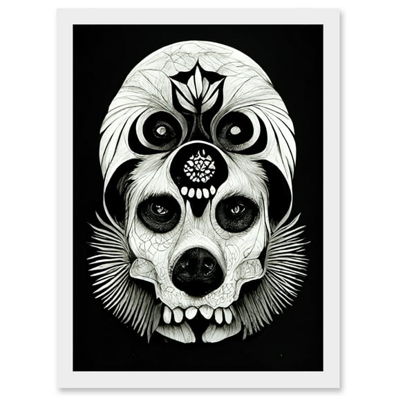Day Of The Dead Dog Skull Head Drawing Halloween Artwork Framed Wall Art Print A4