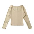 thumbnail image 3 of Women's Loose Fit Long Sleeve Round Neck Pocket Patchwork Solid Color Blouse Top Comfy Versatile Casual Business Office Outfits | CSEONE,Khaki L, 3 of 6