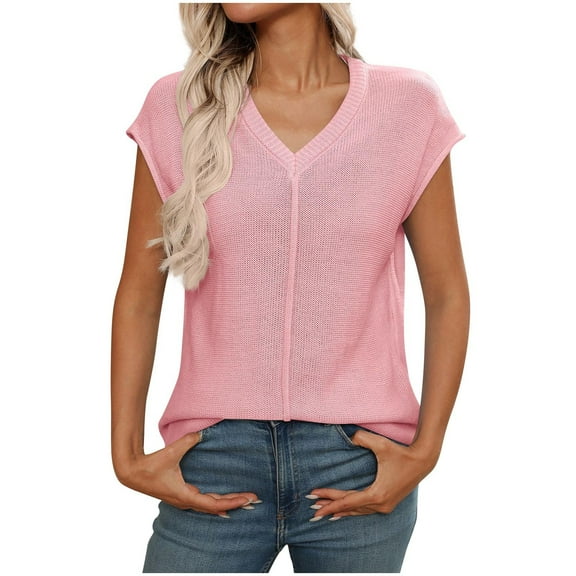 Lenpel Women's Cap Short Sleeve Sweaters Casual V Neck Lightweight Pullover Soft Cotton Knit Tops Trendy Summer Clothes