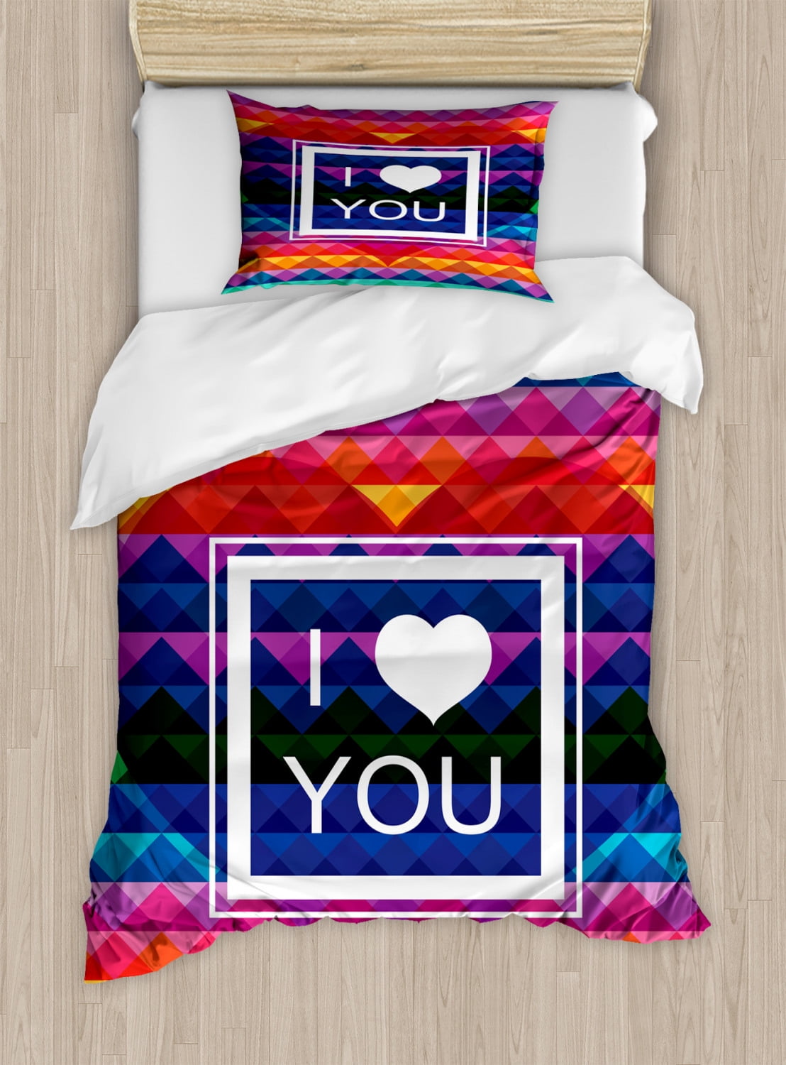 Vintage Rainbow Twin Size Duvet Cover Set, Colorful Fractal Mosaic