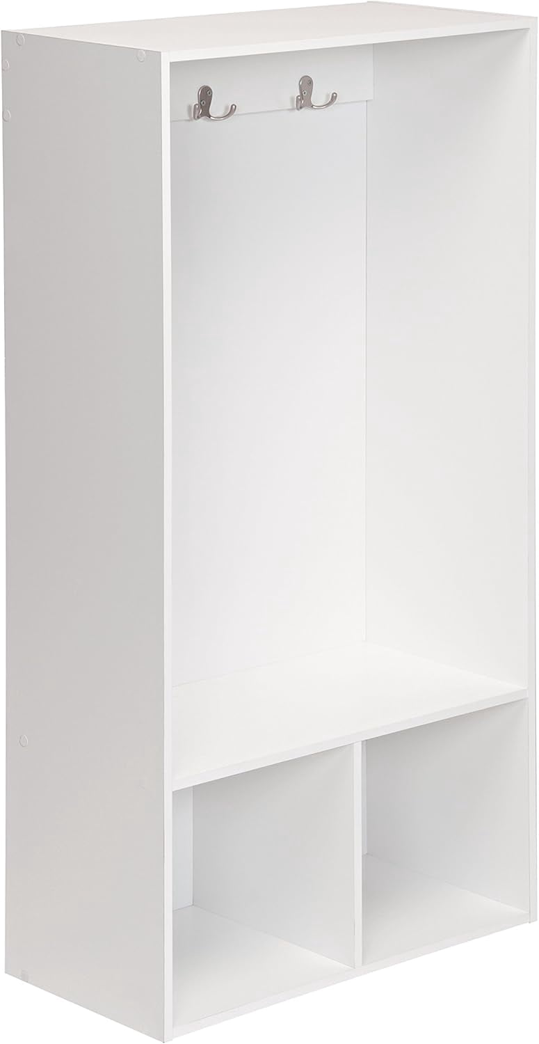 Wood Locker, 2 Cubicles Cube Compartments Open Storage, 3 Hooks,White 47-Inch