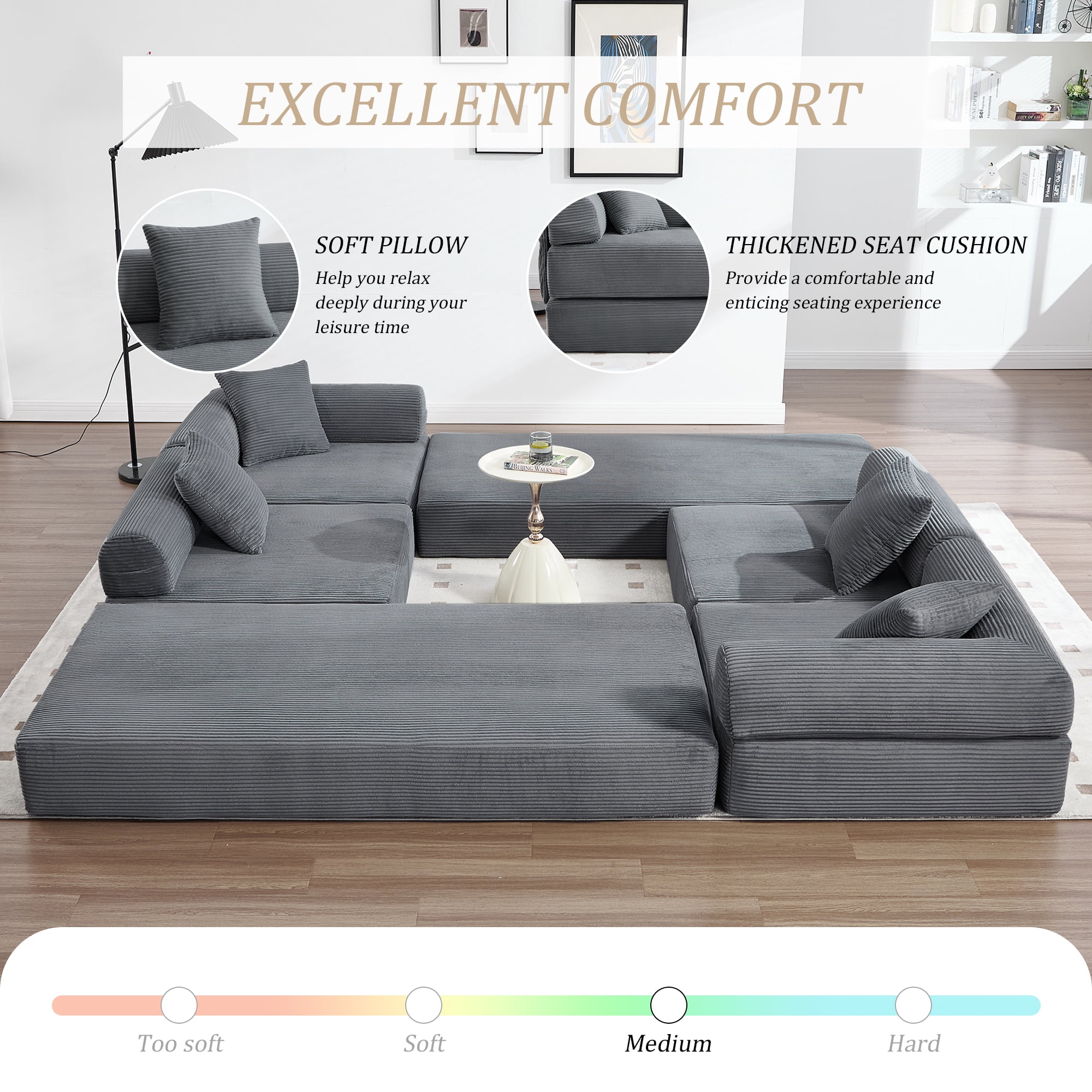 MOONMISS Corduroy Upholstered Convertible Folding Sofa Bed with Fixed Frame and Pillow Back Handrail-Gray