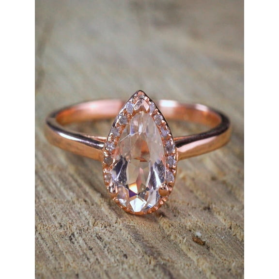 Pear cut Solitaire Morganite and Diamond Halo Engagement Ring on Sale: 1.25 Carat Morganite Solitaire Engagement Ring in Rose Gold
