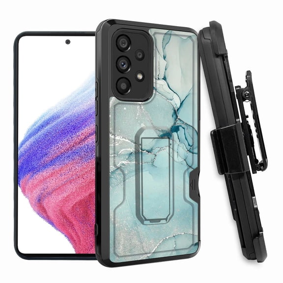 ANJ  Rugged Shockproof Hoster Case w/Card Slot, Kickstand   Tempered Glass Cover for Samsung Galaxy A33 5G - Green Marbling