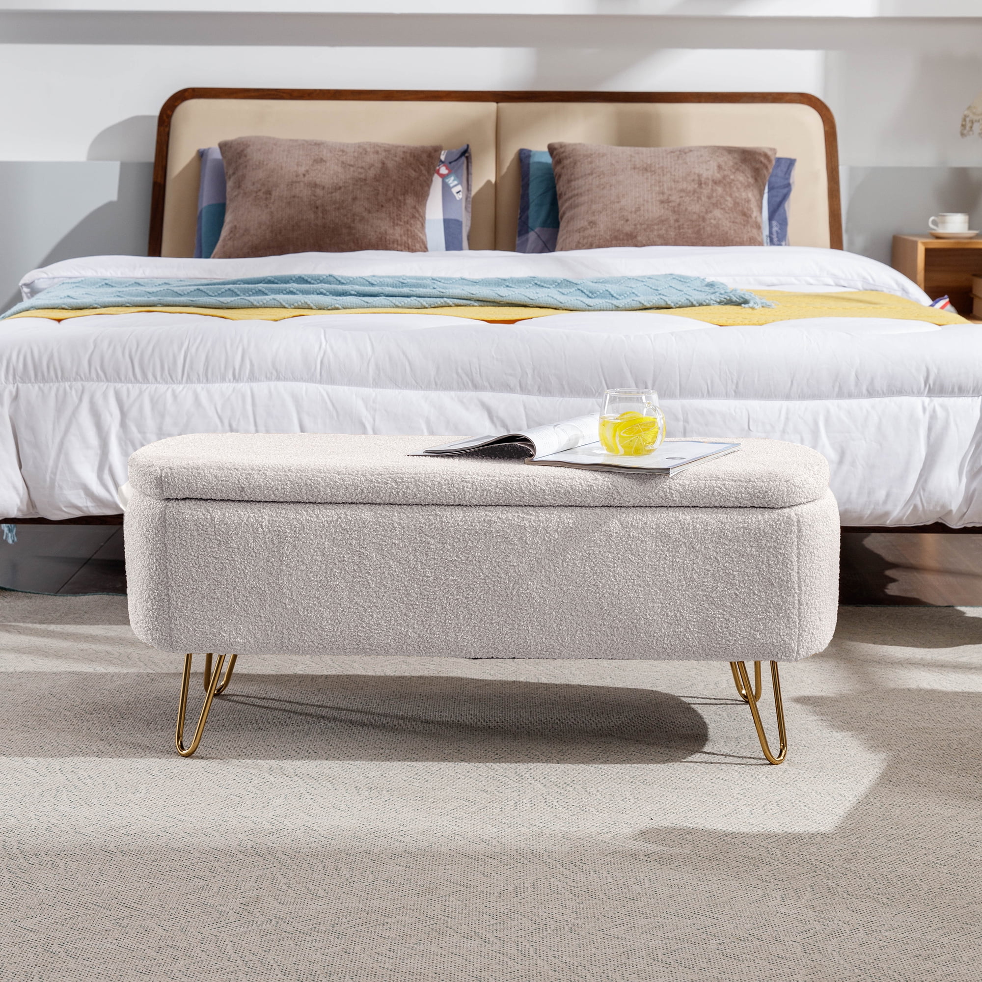 Miniyam 15.5"H Storage Bed Bench with Gold Legs for Bedroom, Entryway, White