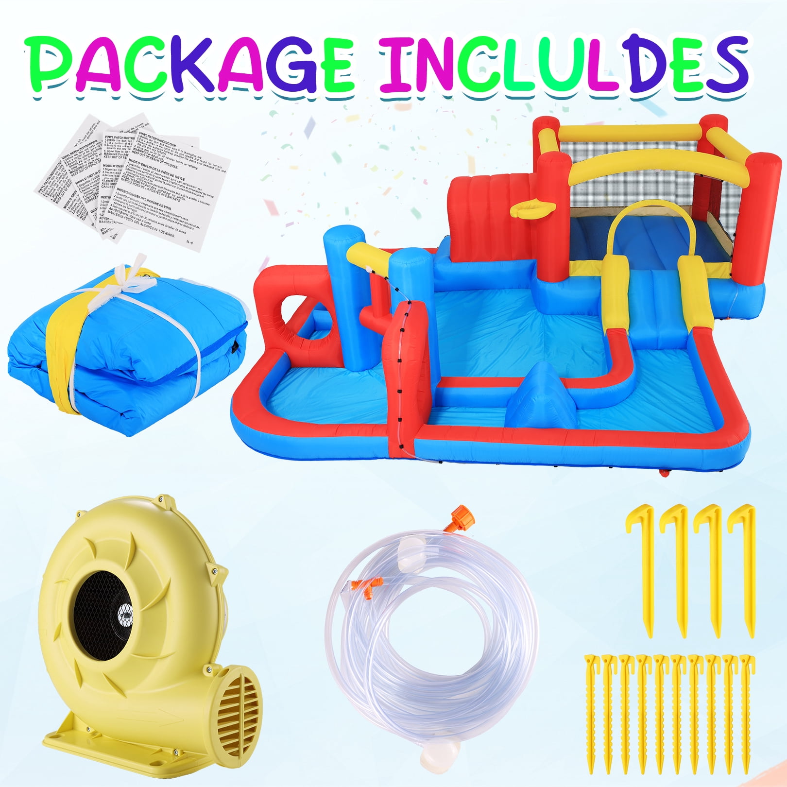 Funcid Bounce House 14.3x14.3FT, 10-in-1 Inflatable Obstacle Course, Jump Area, Ball Pit, Tunnel, Wet & Dry Use, With 520W Blower