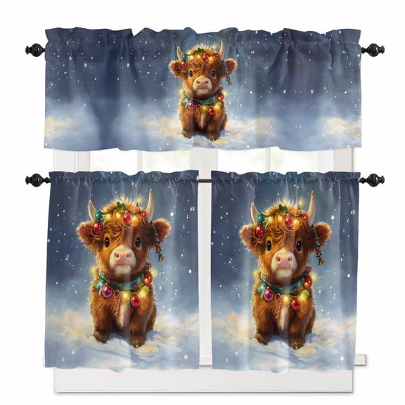 Highland Cow Kitchen Curtains and Valances Set, Cartoon Christmas Bell Balls Snow Rod Pocket Window Valance 18 Inch Window Curtain Panels for Living Room Bedroom Laundry, 27.5x36in, 3 Pieces