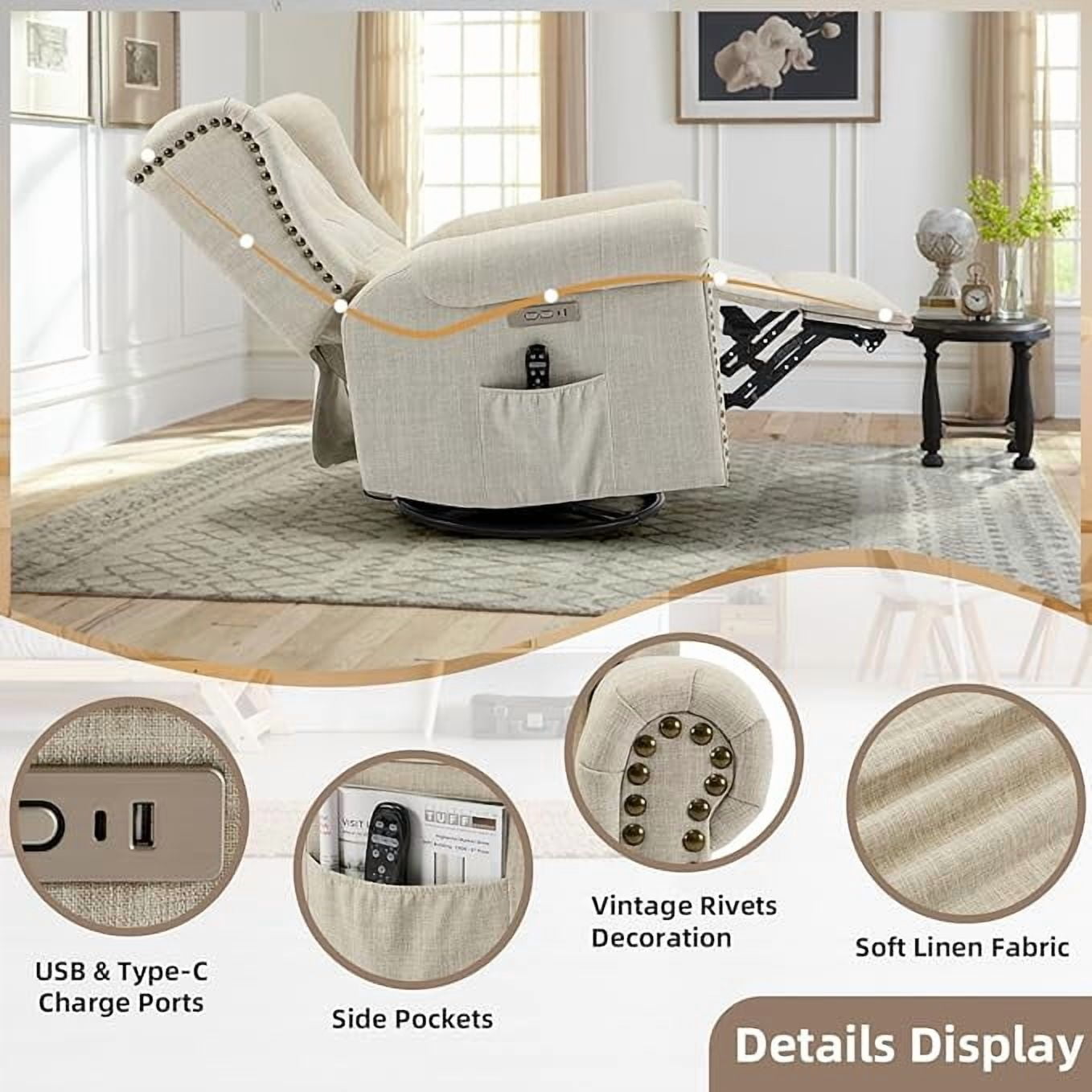 EPICOZY Power Swivel Rocking Glider Recliner Chair with Massage and Heat, Electric Nursery Glider Rocker for Living Room, Wingback Tufted Upholstered Recliner Chair with Type-C & USB Ports, Beige