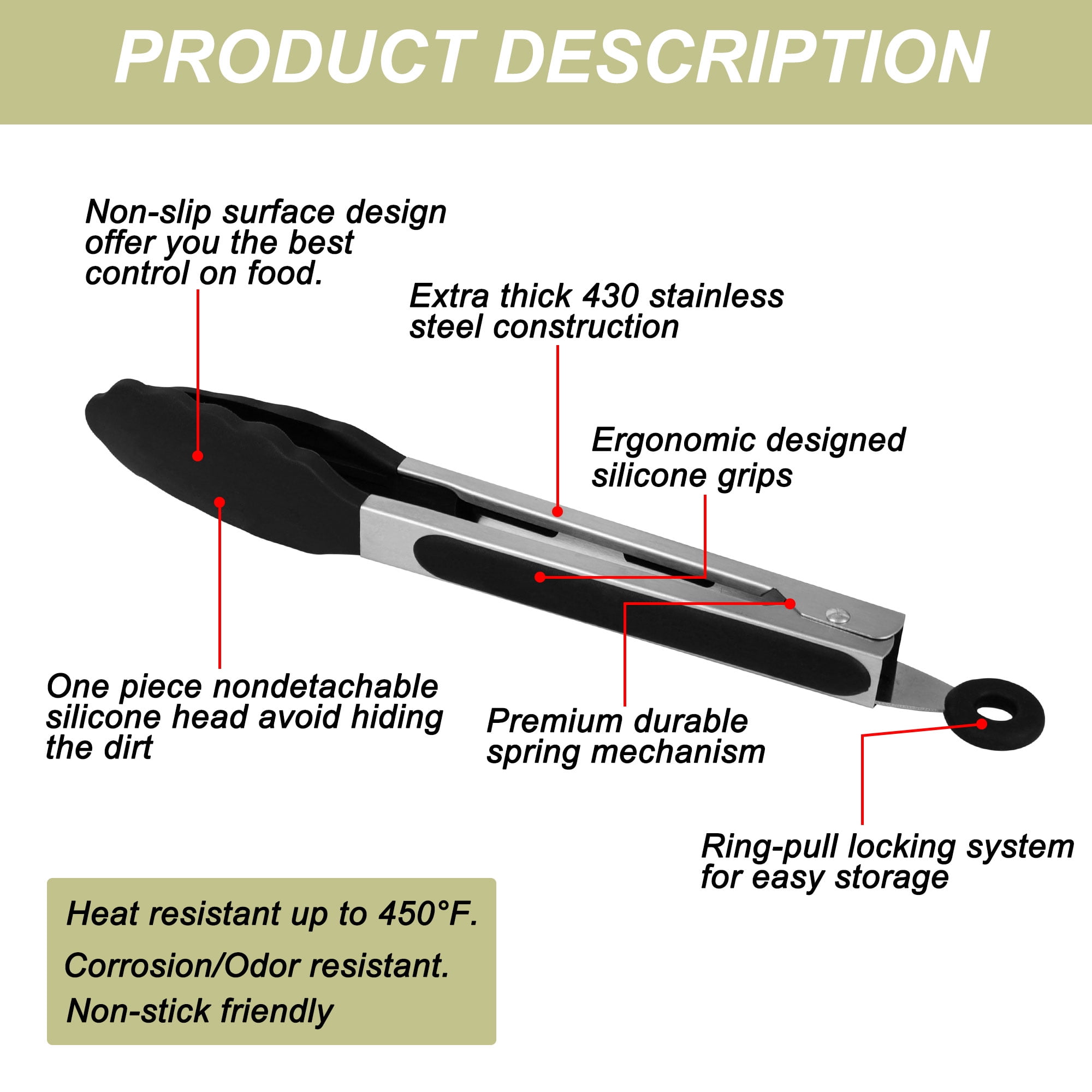 Unique Bargains Stainless Steel Kitchen Tongs Silicone Tipped Non-stick BBQ Cooking Tongs Black