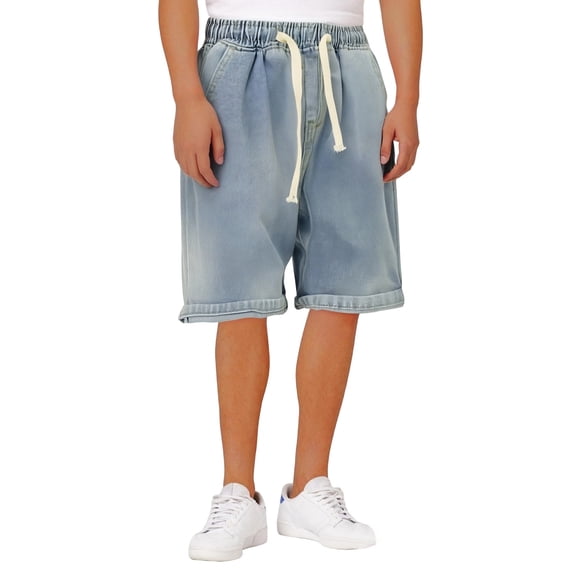 Adeawade Mens Summer Elastic Waist Cargo Pants Denim Shorts Loose Pocket Solid Color Slacks Trend Wear M Blue