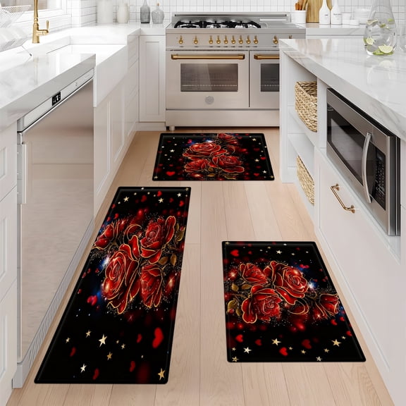 YIMEIS Valentine's Day roses Kitchen Decor Set of 3 Christmas Fall Kitchen Rugs, Xmas Decorative Farmhouse Floor Mats for Home Kitchen Dining Room Decorations - 16''*24'' and 20''*30'' and 17''*47''