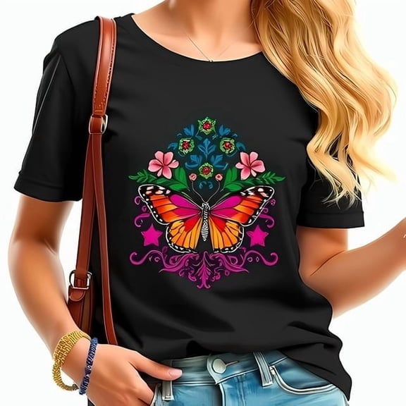 Vibrant Monarch Butterfly Graphic T-Shirt for Women - Floral Design Crew Neck Short Sleeves Casual Style