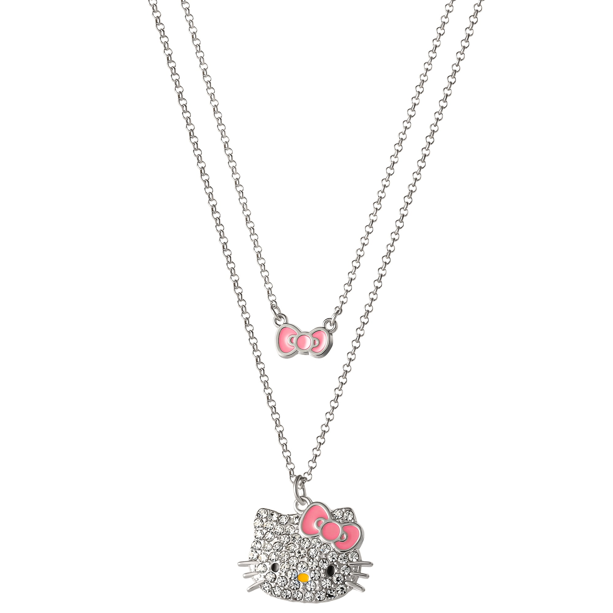 Hello Kitty Girls Layered Clear Crystal Hello Kitty with Bow Pendant, 18''