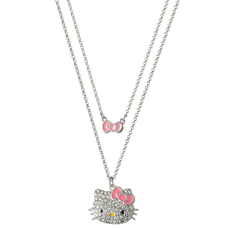 Hello Kitty Girls Layered Clear Crystal Hello Kitty with Bow Pendant, 18''