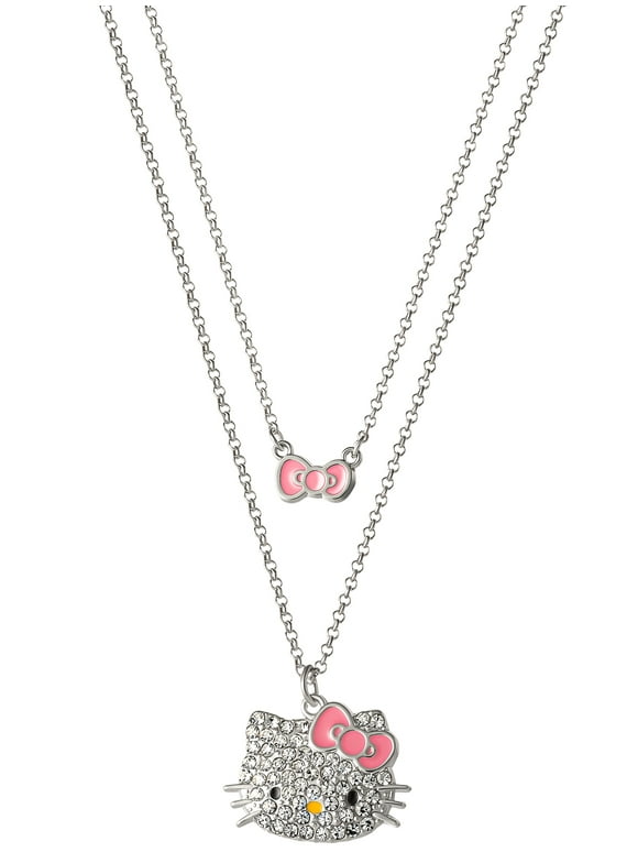 Hello Kitty Girls Layered Clear Crystal Hello Kitty with Bow Pendant, 18''