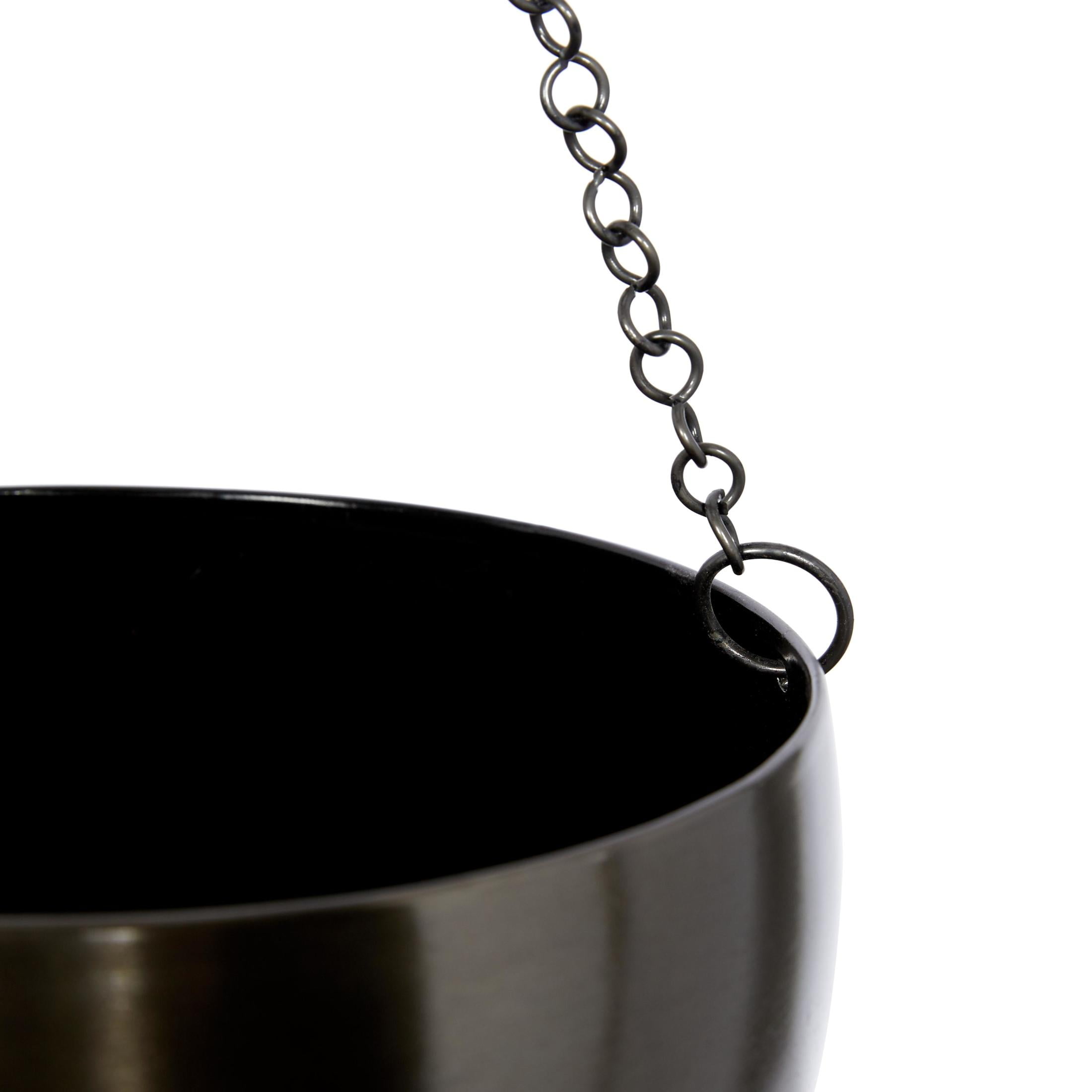 DecMode Glam Shiny Black Metal Bowl Shaped Hanging Planters with Three Chains, Set of 2 5",6"H