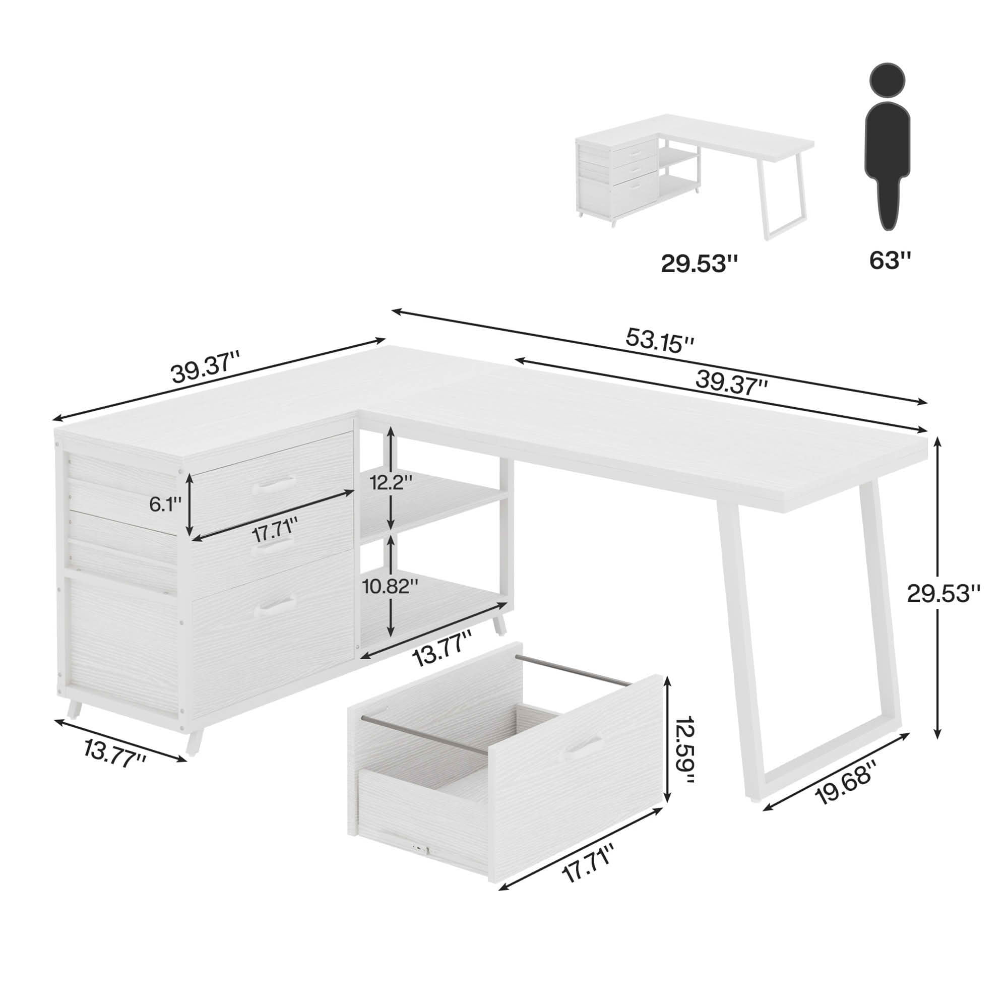 MAYEERTY Reversible L-Shaped Desk with 3 Drawers & Open Shelves, Rustic Home Office Computer Desk