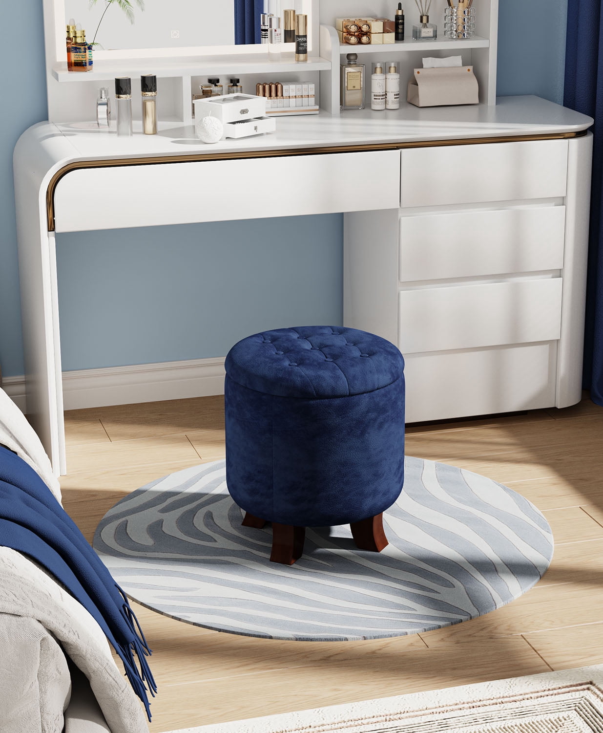 OSM Ottoman,Round Foot Rest Stool, Upholstered Small Ottoman Chair with Storage for Living Room & Bedroom, Decorative Home Furniture, Navy Blue