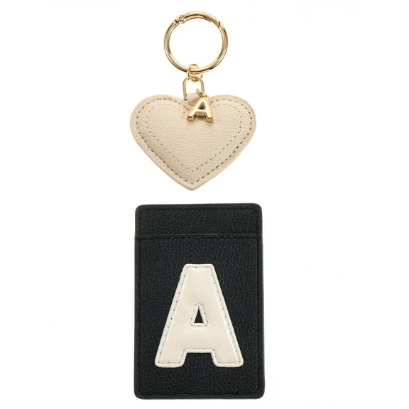 Time and Tru Goldtone and Faux Leather Heart-Shaped Keyring and Adhesive Phone Wallet, Initial Letter A, 2 Pieces, Black and Ivory