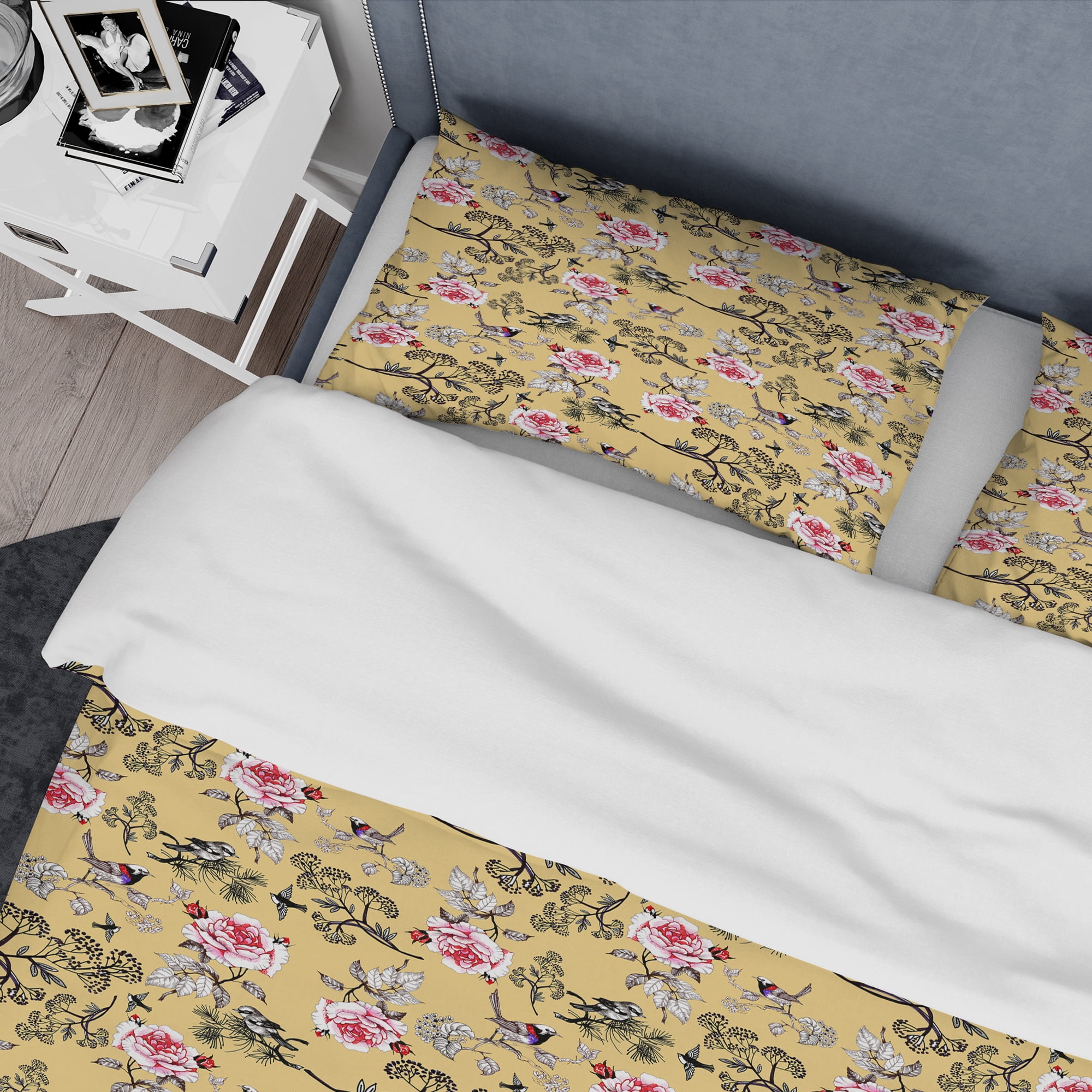 Designart 'Floral and Birds in Yellow Background' Traditional Duvet Cover Set