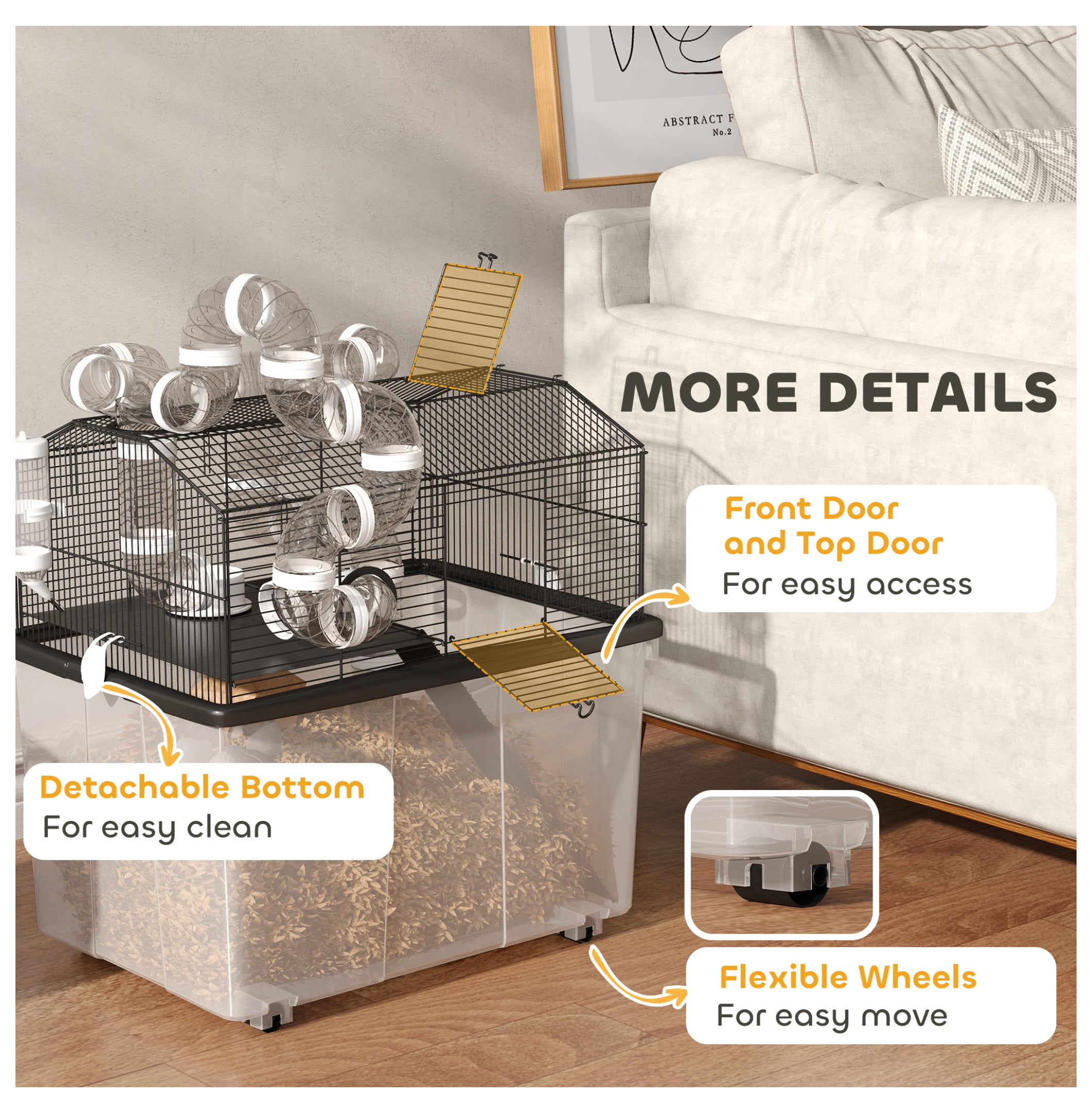 Hamster Cage 2 Tier with Tube System, 23x17x22", Deep Tray, Water Bottle, Ramp, Black