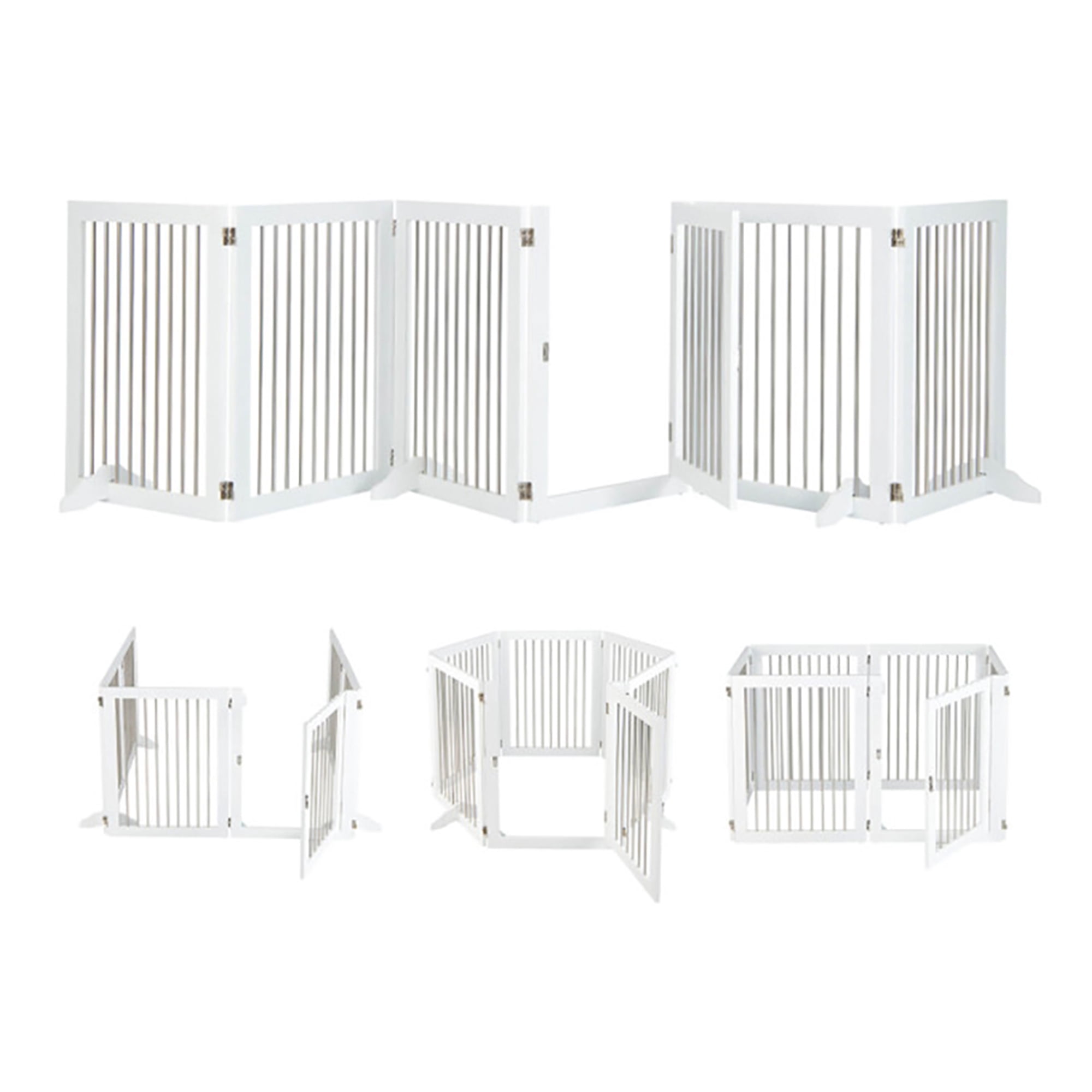Pefilos 144" Folding Pet Gate with 4pcs Support, Wood 6-Panel Dog Gate for Stairs, Freestanding Pet Playpen Puppy Safety Fence, White