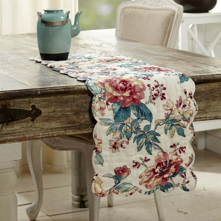Deep Rectangle Tabletops - Antique White Farmhouse Tabletop Kitchen Isabella Cotton Hand Quilted Voile Floral / Flower Rectangle 13x36 Runner