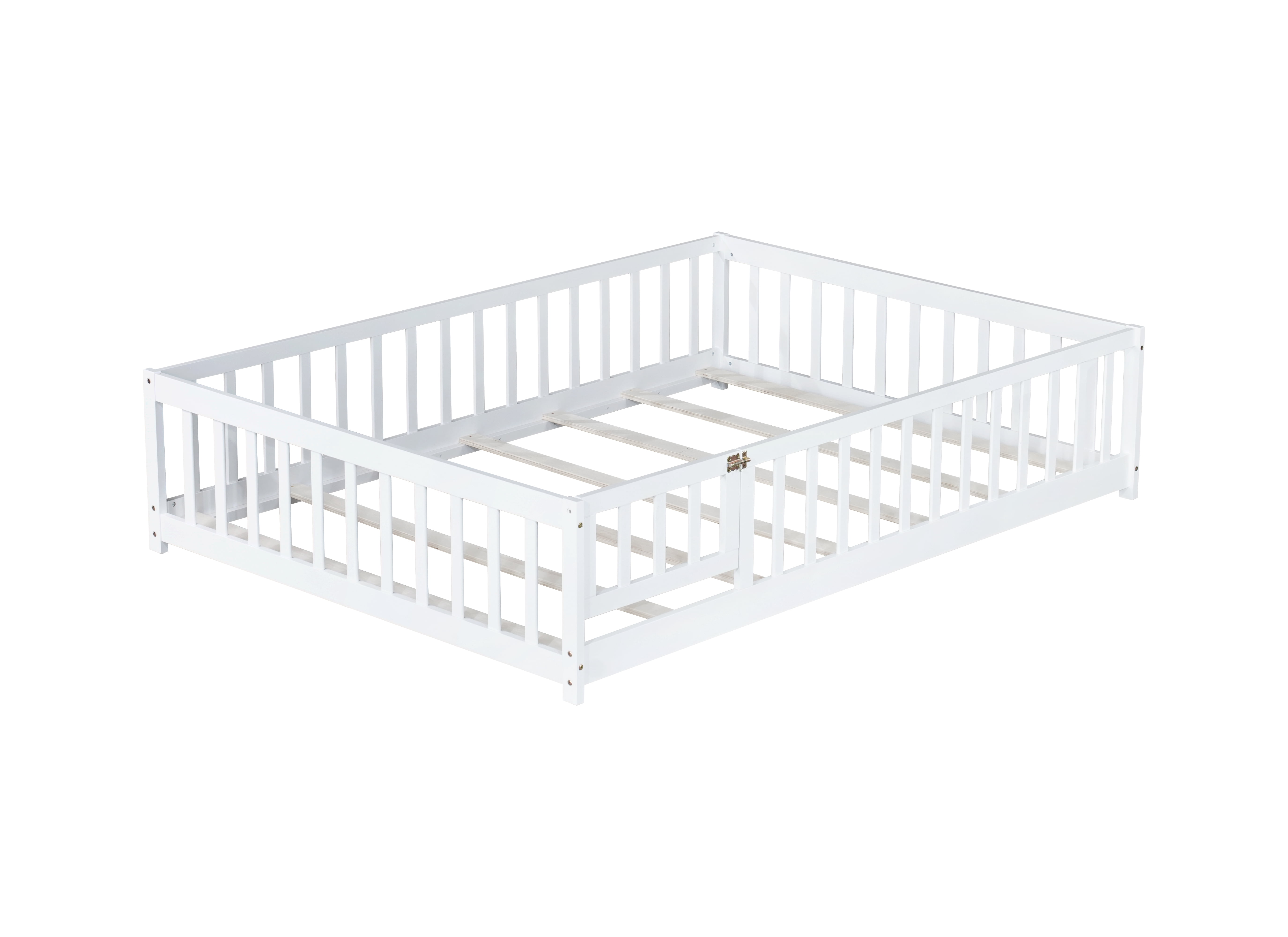 Sailvan Full Floor Bed with Fence and Door, Solid Wood Kids Platform Bed Frame White