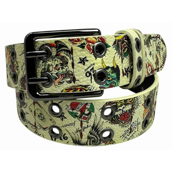 Ed Hardy Men's Double Prong Ace of Hearts Printed Cream Belt With Metal Eyelets (38, Cream)