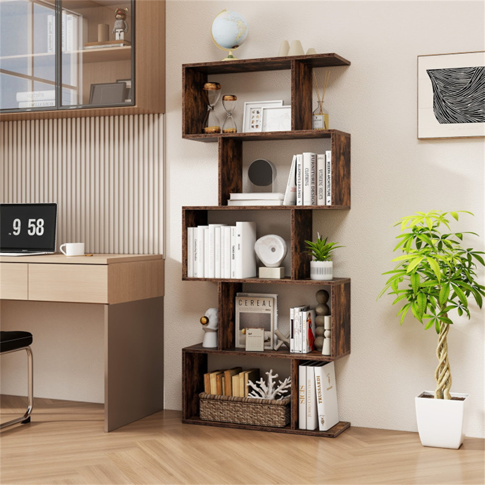 Demi Bonn 5-Tier Bookshelf with Anti-Toppling Device, Bookcase for Living Room Home Office, Brown